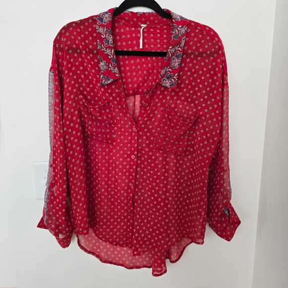 Free People Tops - Free People Red Semi-Sheer Bohemian Print Blouse M Paisley Festival Bandana